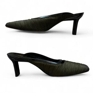 Delman 90s Olive Green Satin Heeled Leather Mules